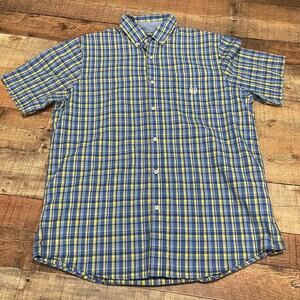 Chaps Men's Classic Blue Yellow Plaid Button Down Short Sleeve Shirt Sz L Preppy